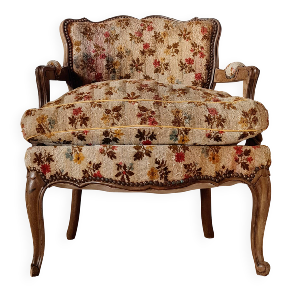 Fauteuil cabriolet ancien en velours fleuri – Style Louis XV / Rétro chic