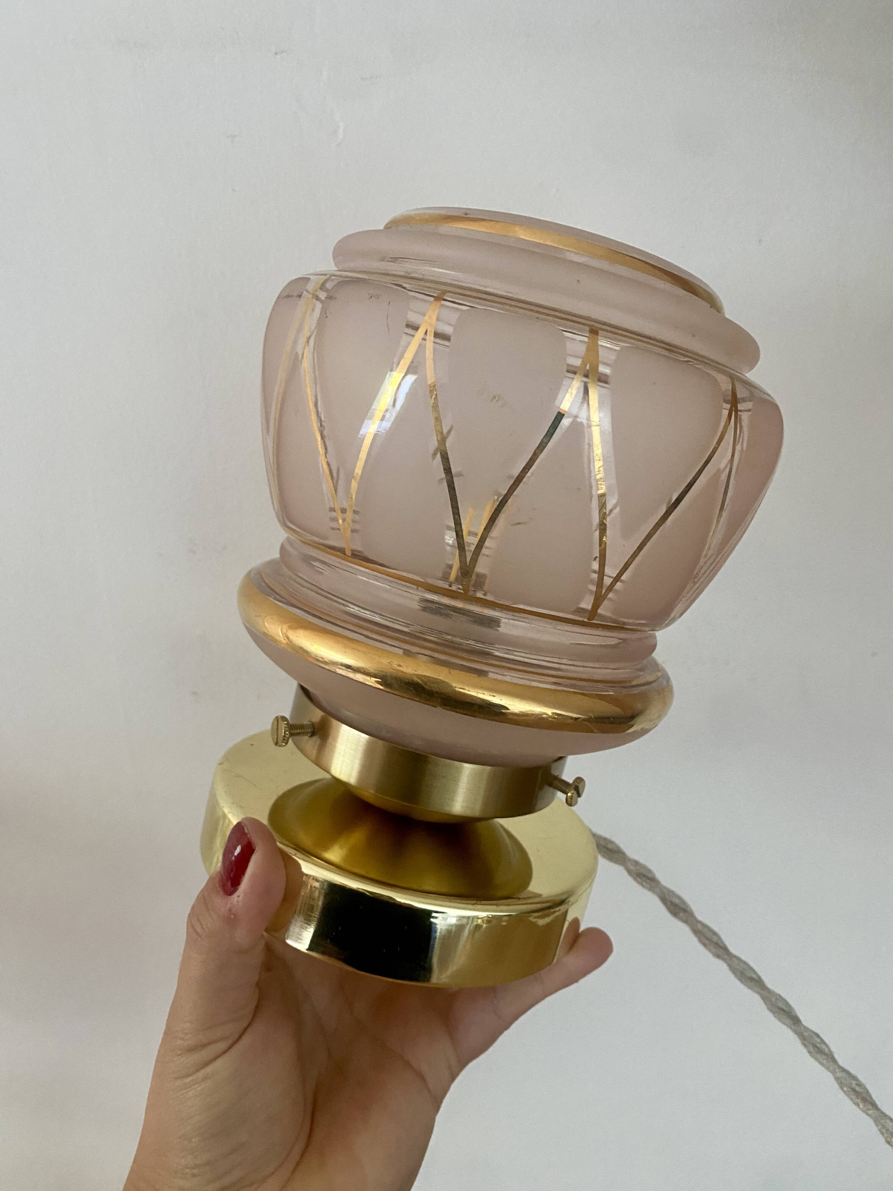 Vintage art deco globe table lamp in pink and gold glass