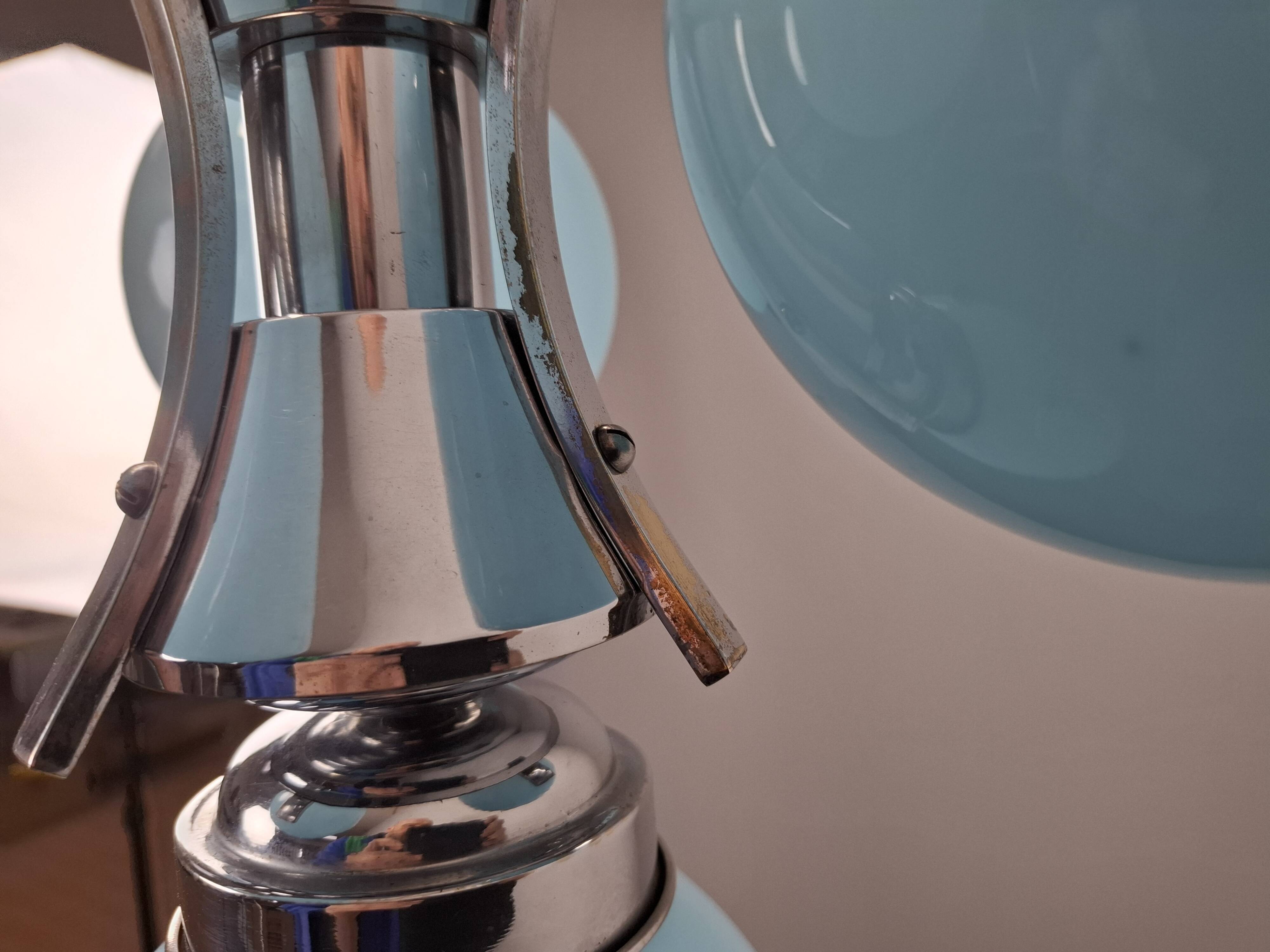 1930s Czech Art Deco Blue Opaline Glass and Chrome Four-Light Chandelier