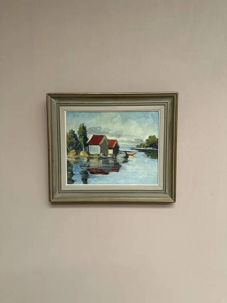 Original Swedish Oil on Canvas – "Houses and Trees", Unknown Artist – Signed, Vintage and Framed – 53.5 x 46 cm (21 x 18 inches)