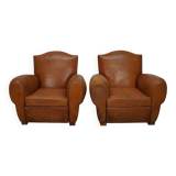 Pair of French club chairs with moustache back in cognac leather, 1950s