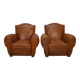 Pair of French club chairs with moustache back in cognac leather, 1950s