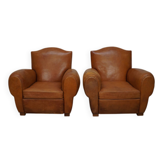 Pair of French club chairs with moustache back in cognac leather, 1950s