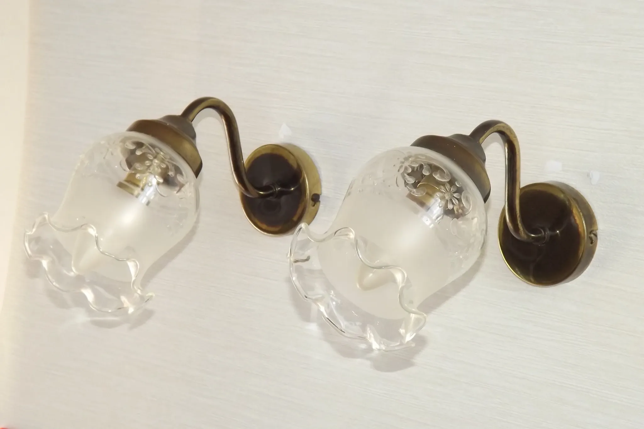 Pair of French Vintage Bronze Effect Metal Wall LIghts Floral Glass Shades