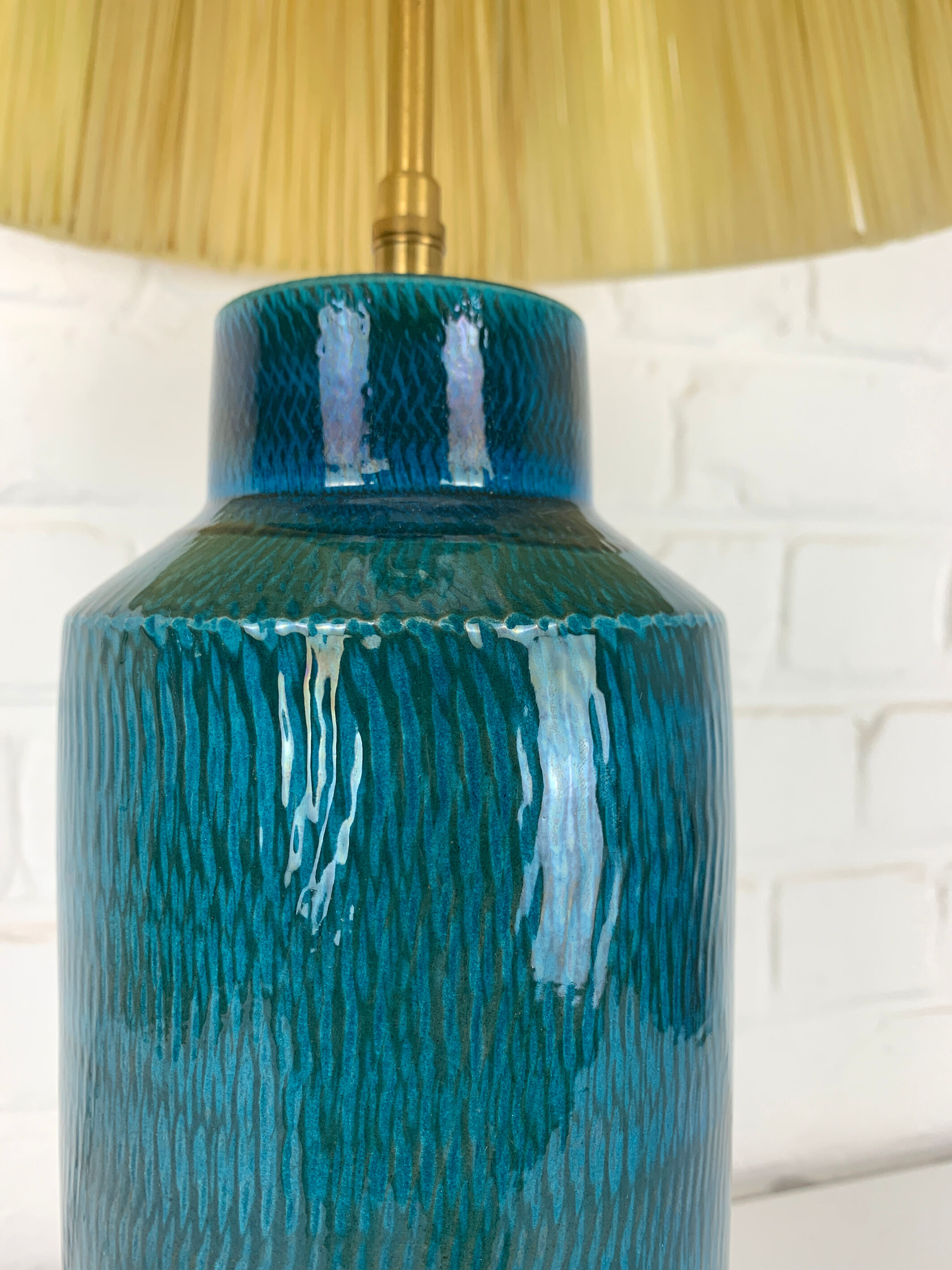 Scandinavian table lamp in porcelain stoneware lampshade raffia, Nymølle pottery, Denmark 1960s