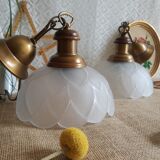Pair of frosted glass flower pendant lights with vintage wood and brass