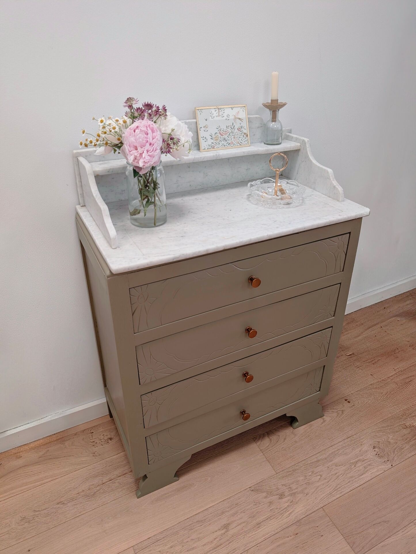 Antique commode revamped with a marble top, vintage dressing table.