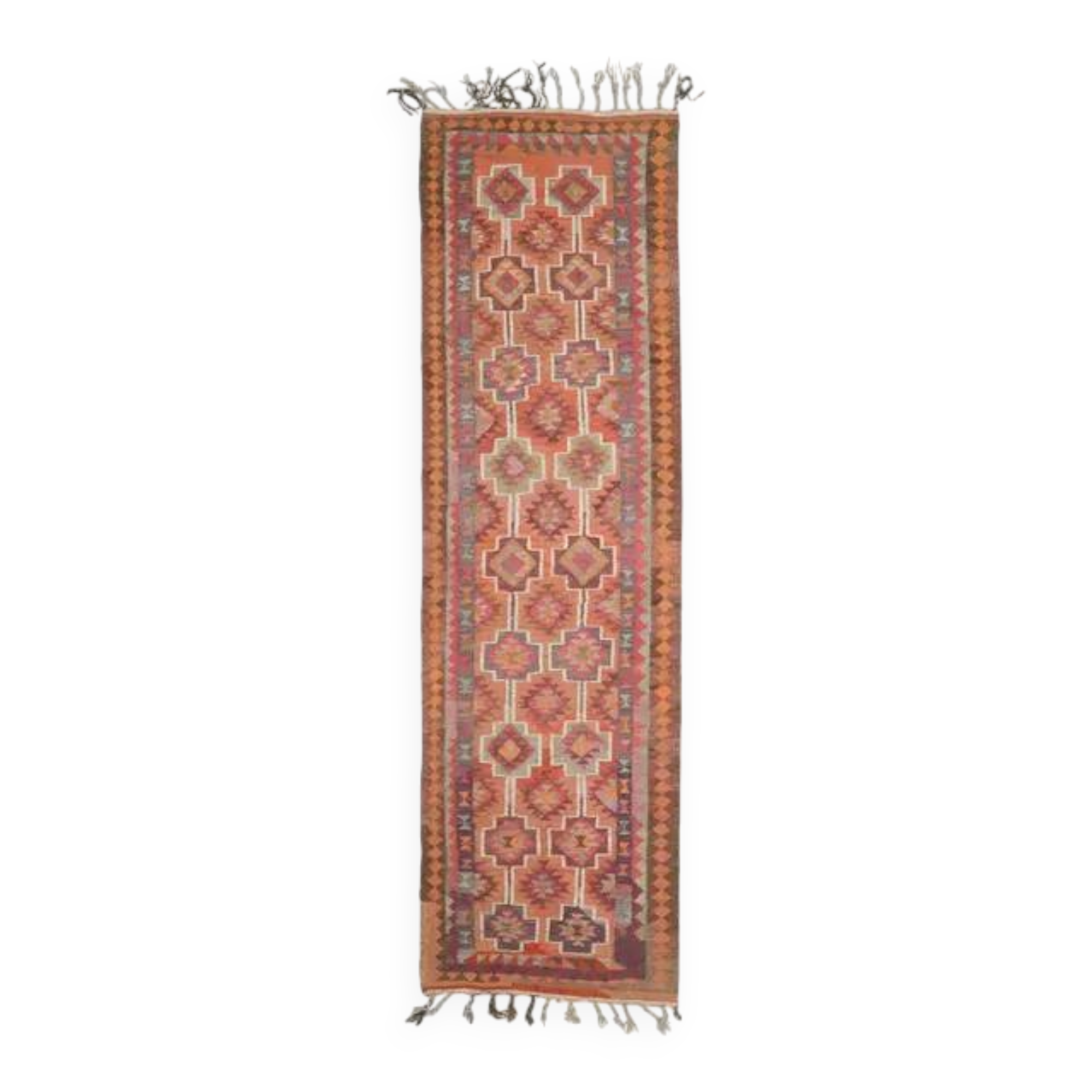 1970s Vintage Turkish Hand-Knotted Wool Cotton Orange Runner Rug 104x365