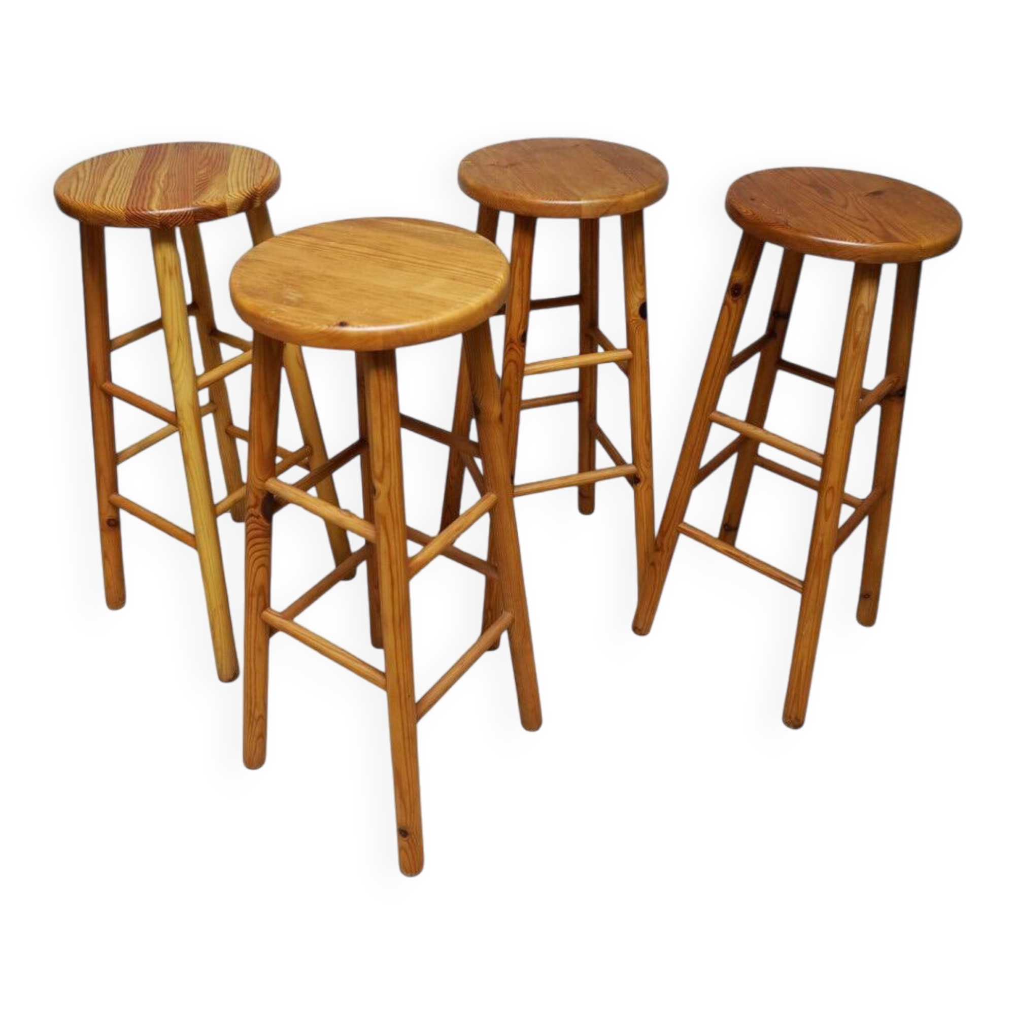 Set of 4 midcentury vintage high pine bar stools