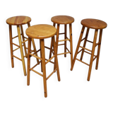 Set of 4 midcentury vintage high pine bar stools