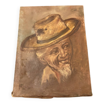 Old Table Oil on Canvas: Portrait of a Man in a Hat