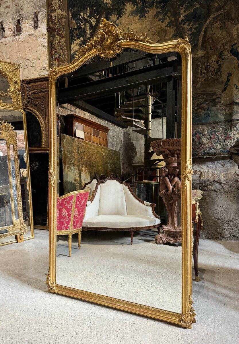 Napoleon III Period Fireplace Mirror in Gilded Wood with Louis XV Style Leaf