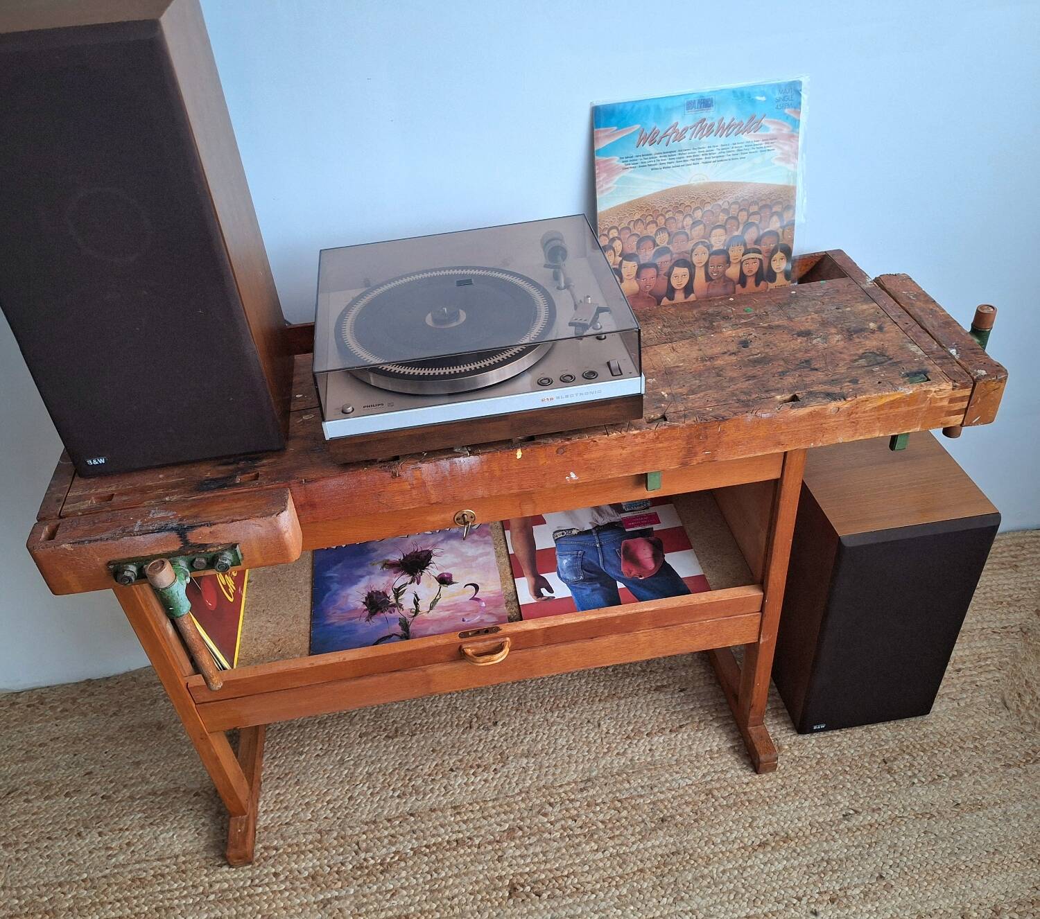 Vintage workbench with vices, antique workshop furniture.