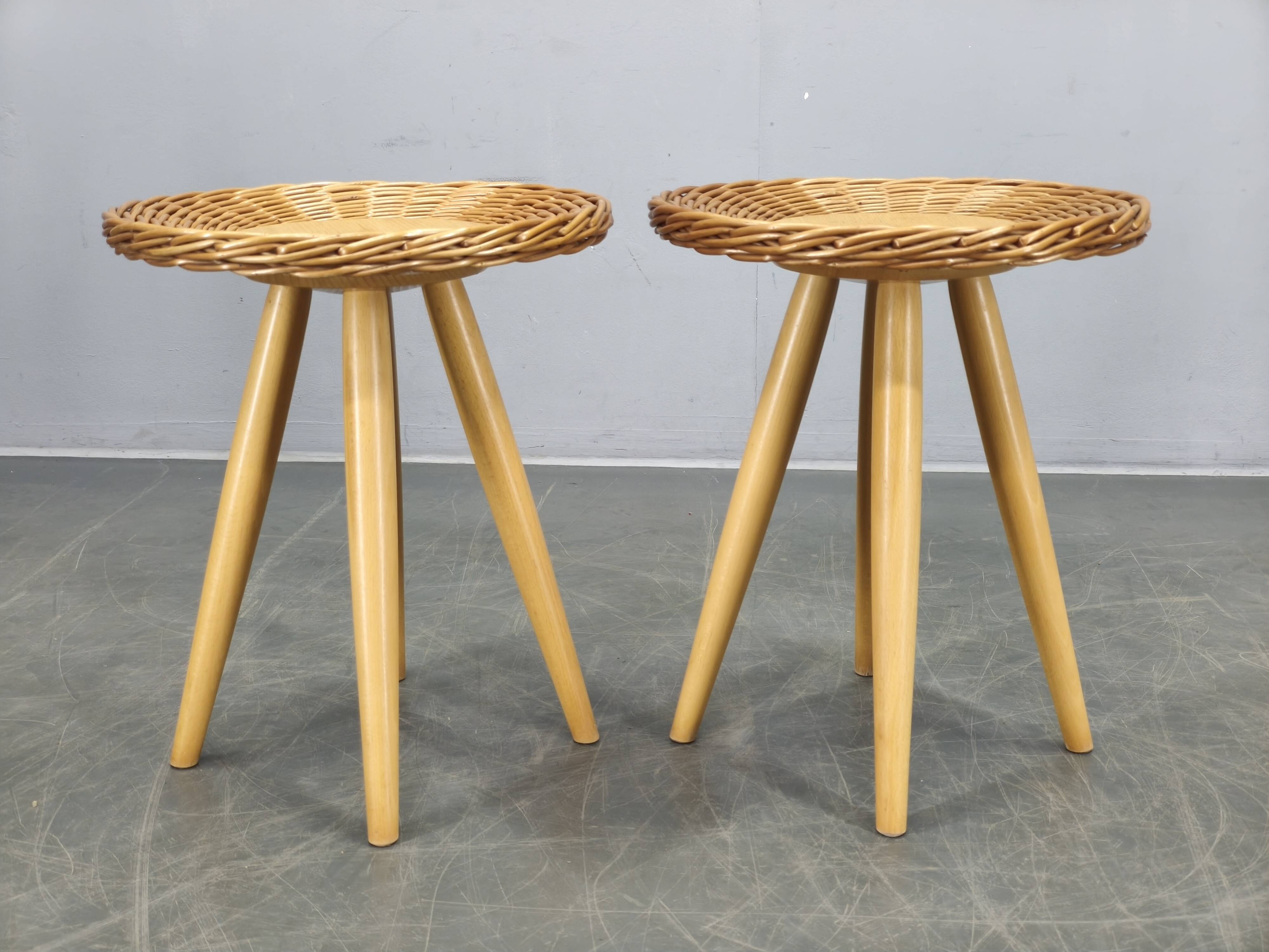 Pair of uluv rattan side tables by jan kalous, 1970s