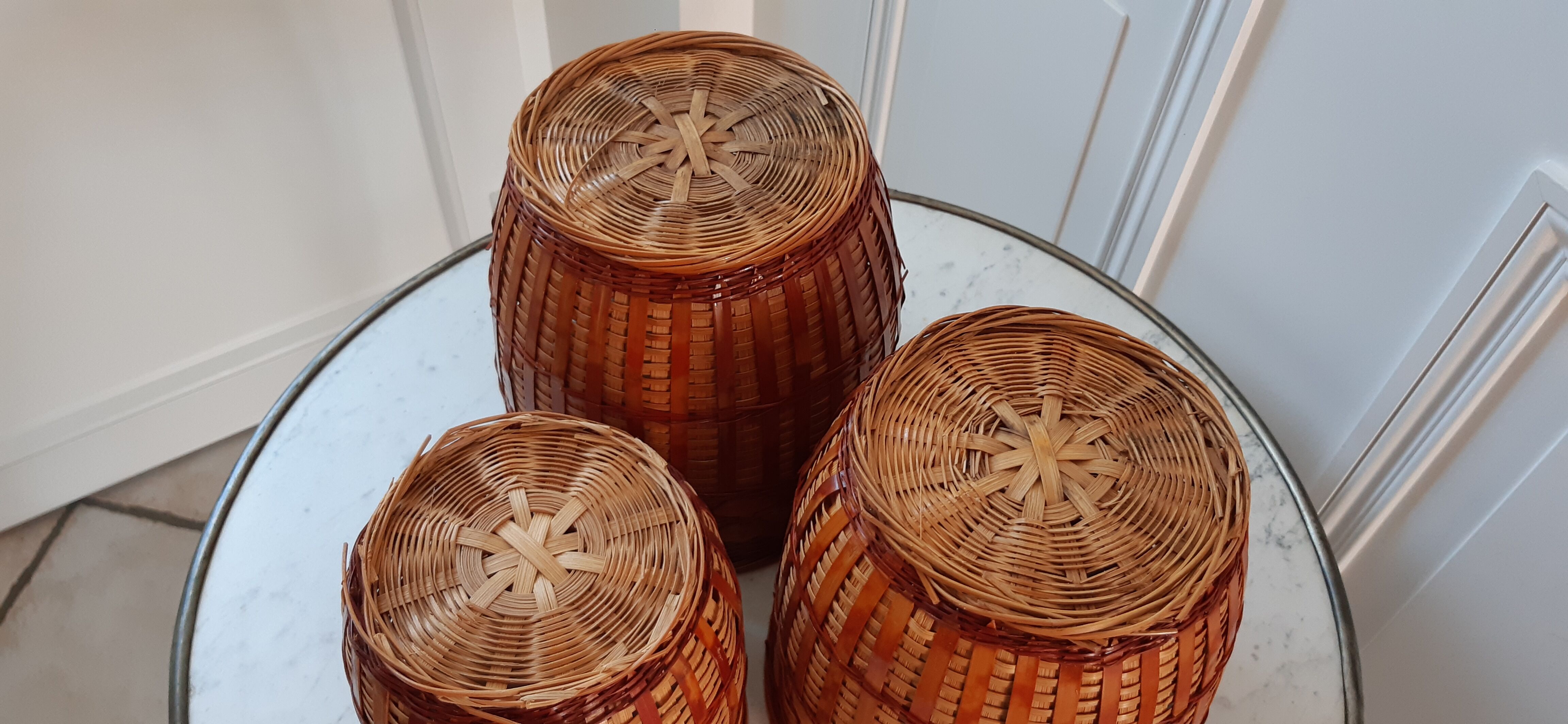 Trio of rattan and vintage bamboo pot covers 70s