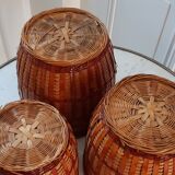 Trio of rattan and vintage bamboo pot covers 70s