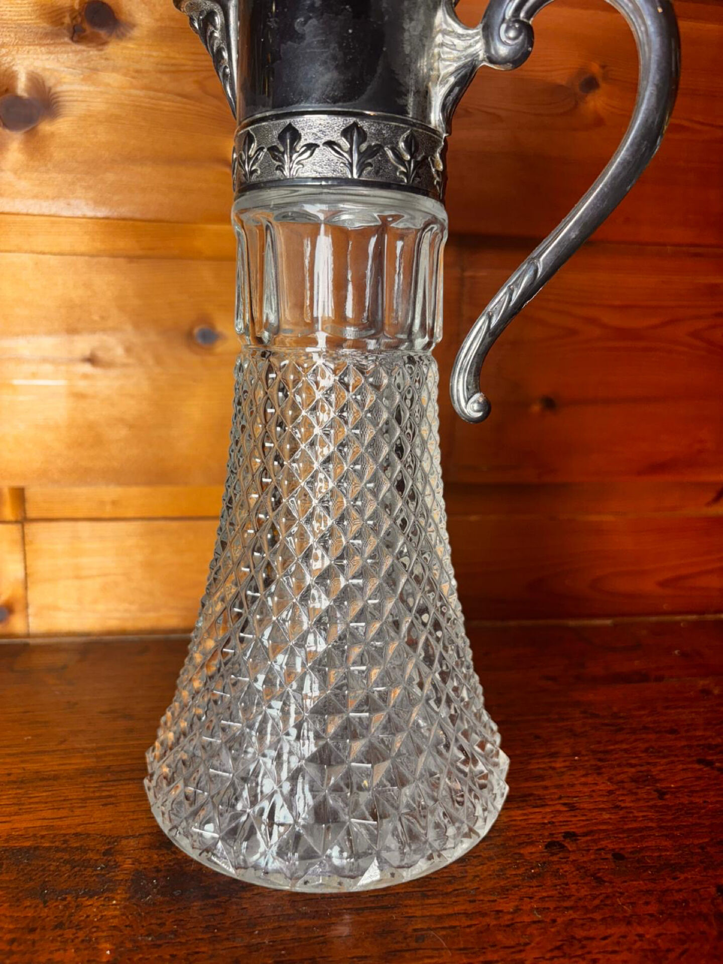 Beautiful moulded glass carafe jug, silver-plated mount, vintage.