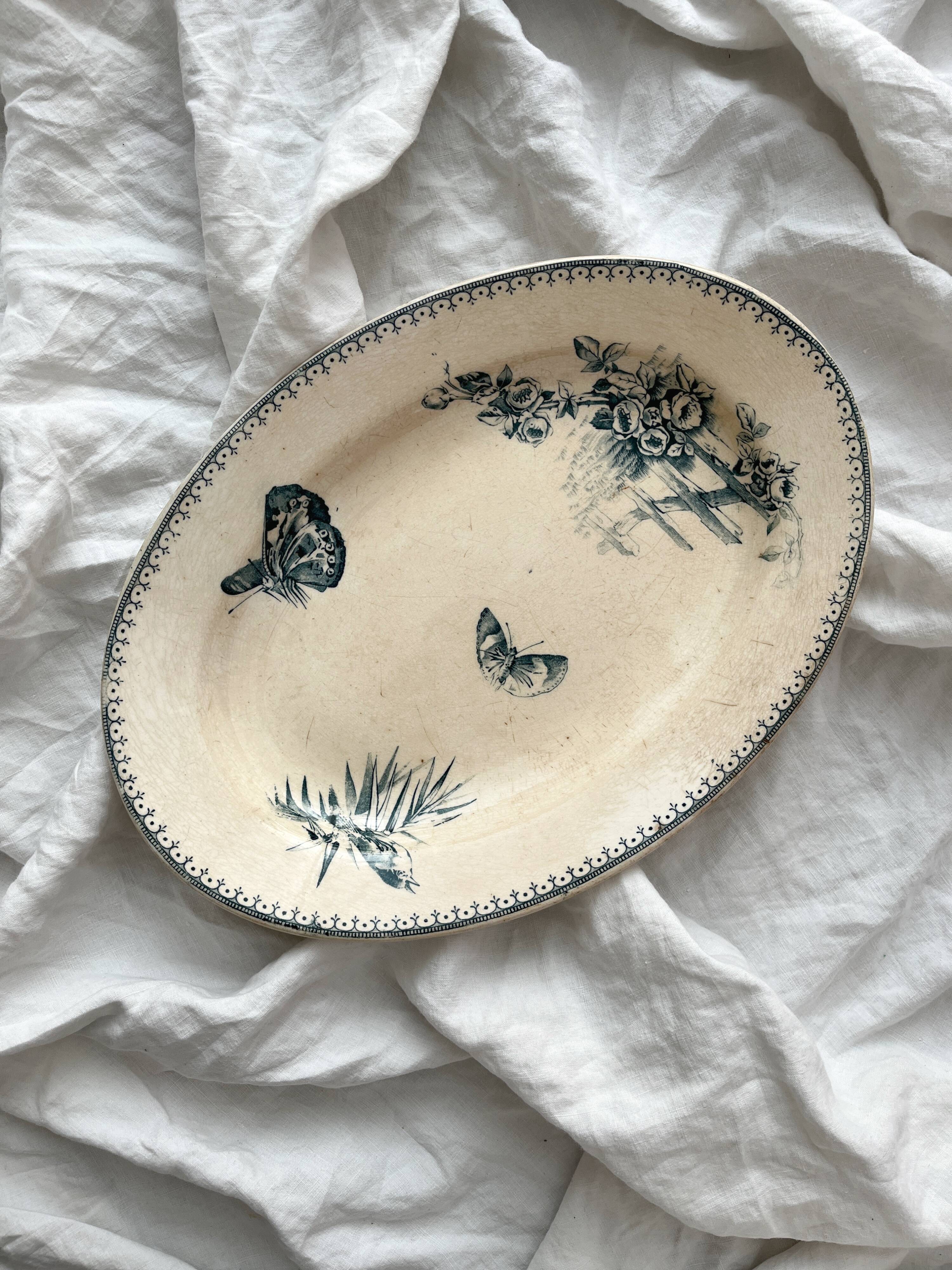 Oval ironstone dish flowers birds "Malaga" Petrus Regout