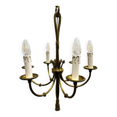 Lustre vintage en laiton à 6 lumières, corde et pampille, France, années 1950