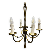 Lustre vintage en laiton à 6 lumières, corde et pampille, France, années 1950
