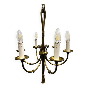 Lustre vintage en laiton à 6 lumières, corde et pampille, France, années 1950