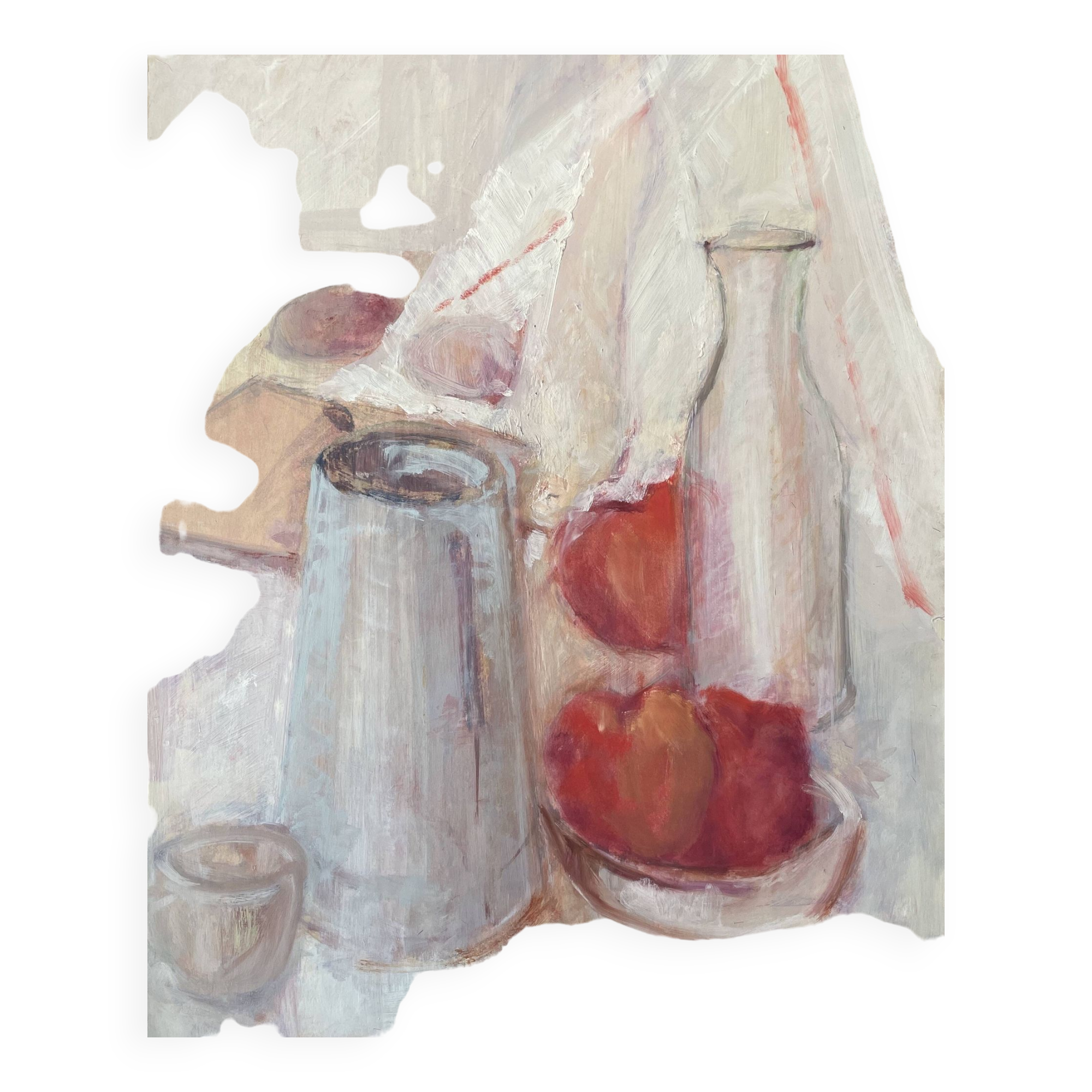 Still life "Red apples and blue pitcher" oil on cardboard