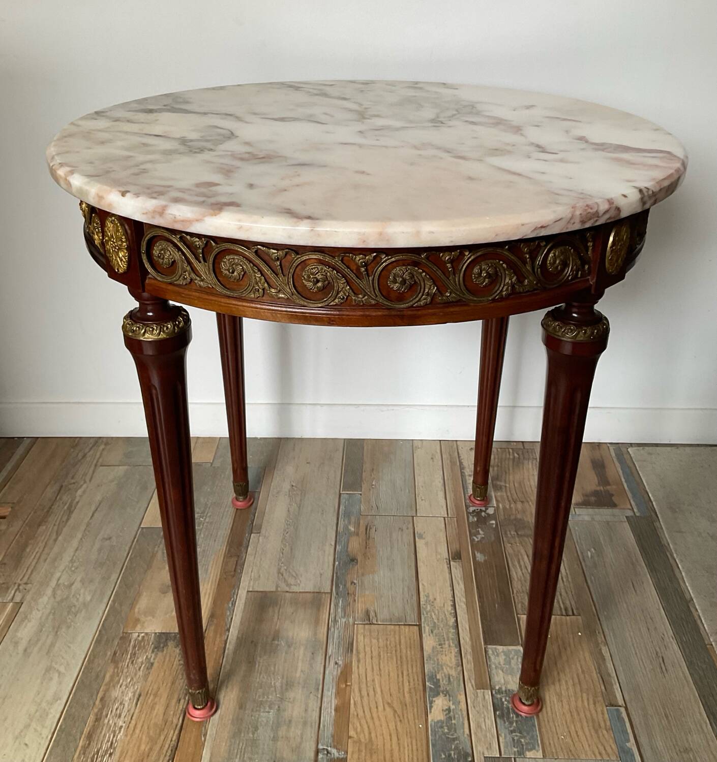 Louis XVI style side table in wood, marble and brass