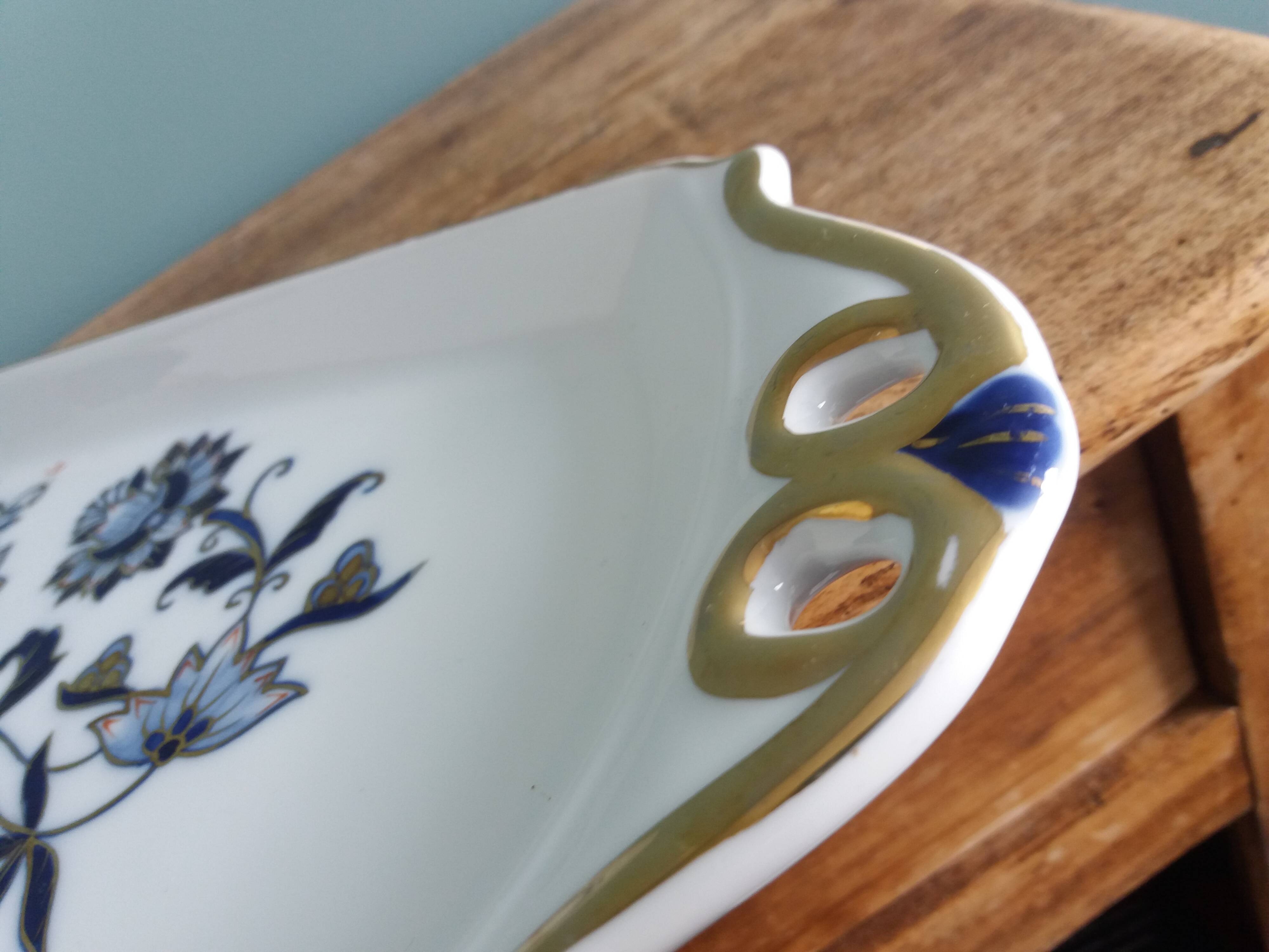 Victoria rectangular tray, hand-painted blue and gold porcelain decoration