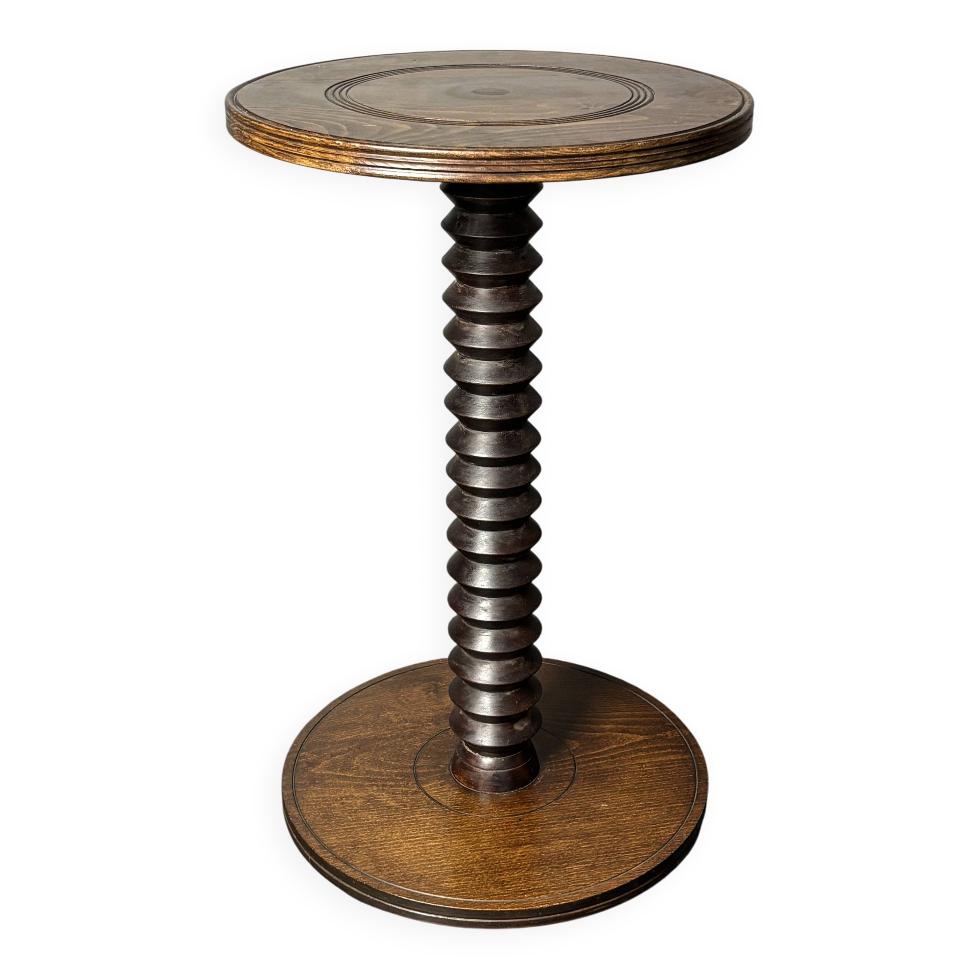 Midcentury brutalist wood turned side table in the style of Charles Dudouyt