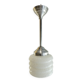 Suspension vintage en verre opalin moucheté blanc