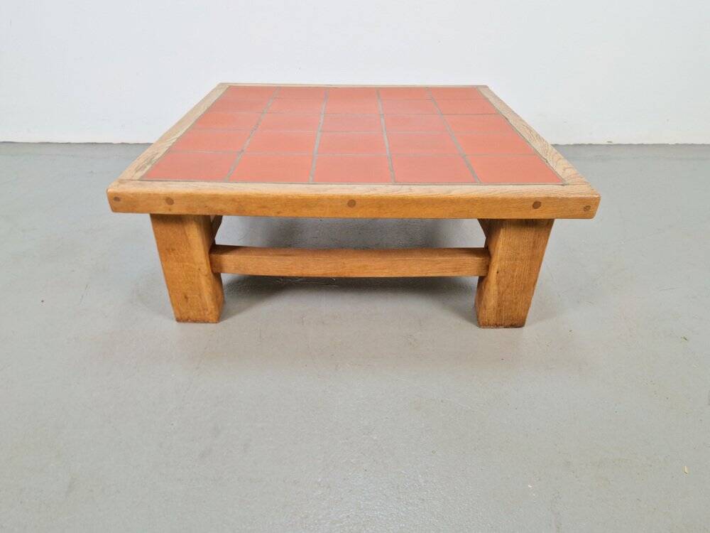 Brutalist Oak Coffee Table with Terracotta Tiles, 1950s