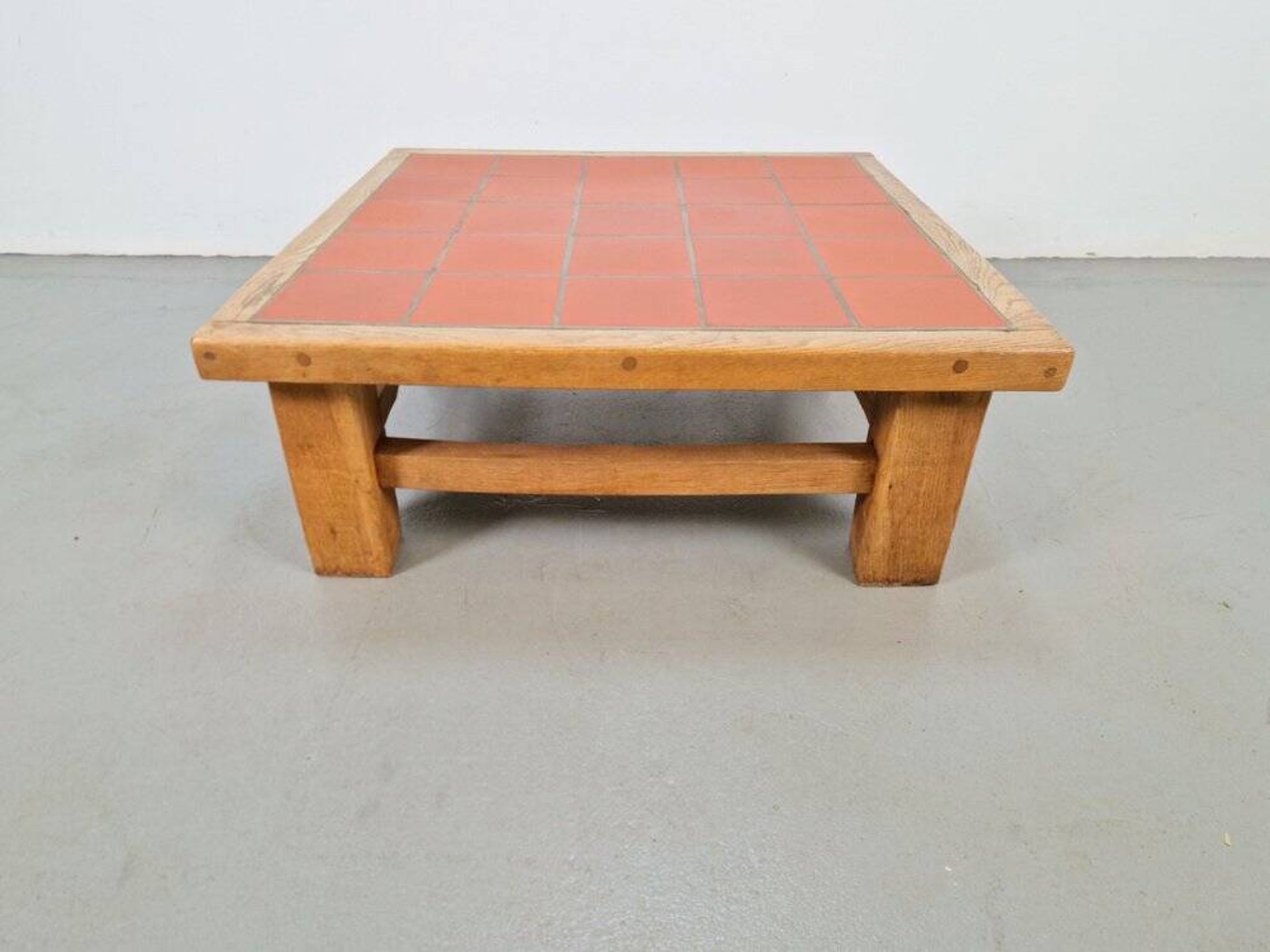 Brutalist Oak Coffee Table with Terracotta Tiles, 1950s