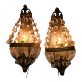 Hollywood Regency style - 2 wall lamps - gilded - crystal - France - 60s