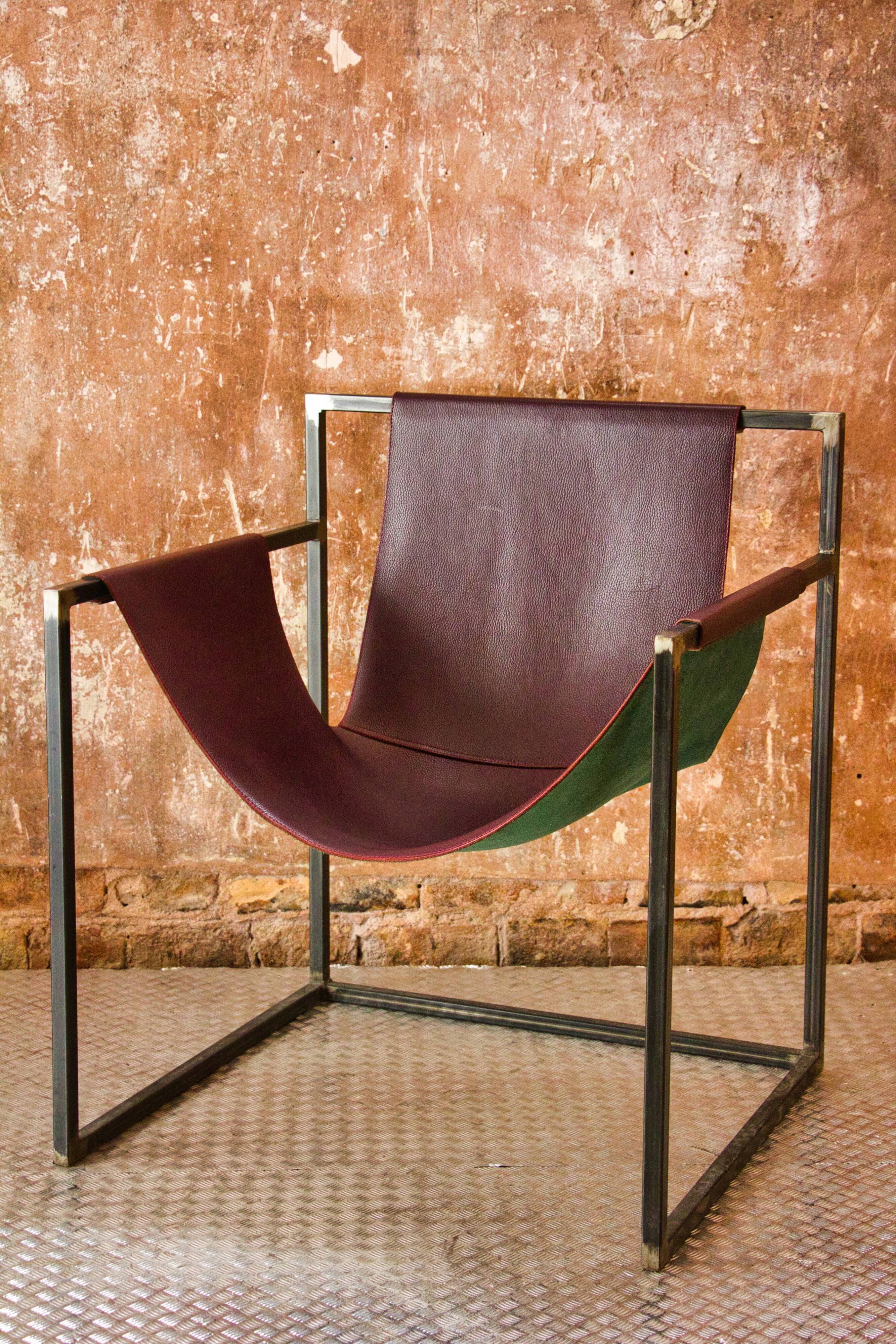 Burgundy leather armchair metal style indus contemporary design