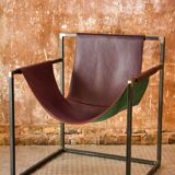 Burgundy leather armchair metal style indus contemporary design