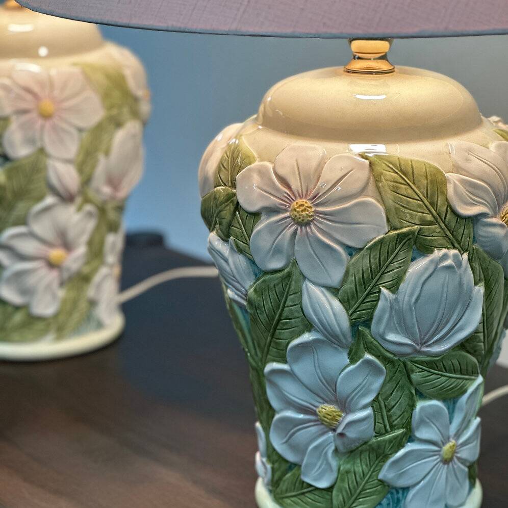 Pair of large vintage ceramic table lamps with 3D floral design, 1970s