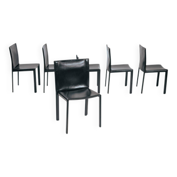 6 chaises de salle à manger vintage 'Pasqualina' en cuir noir, Enrico Pellizzoni, Italie