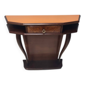 Table console en hêtre et racine de noyer avec un plateau en verre orange, Italie