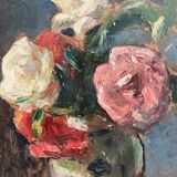 Old oil painting on cardboard bouquet of flowers and fruits