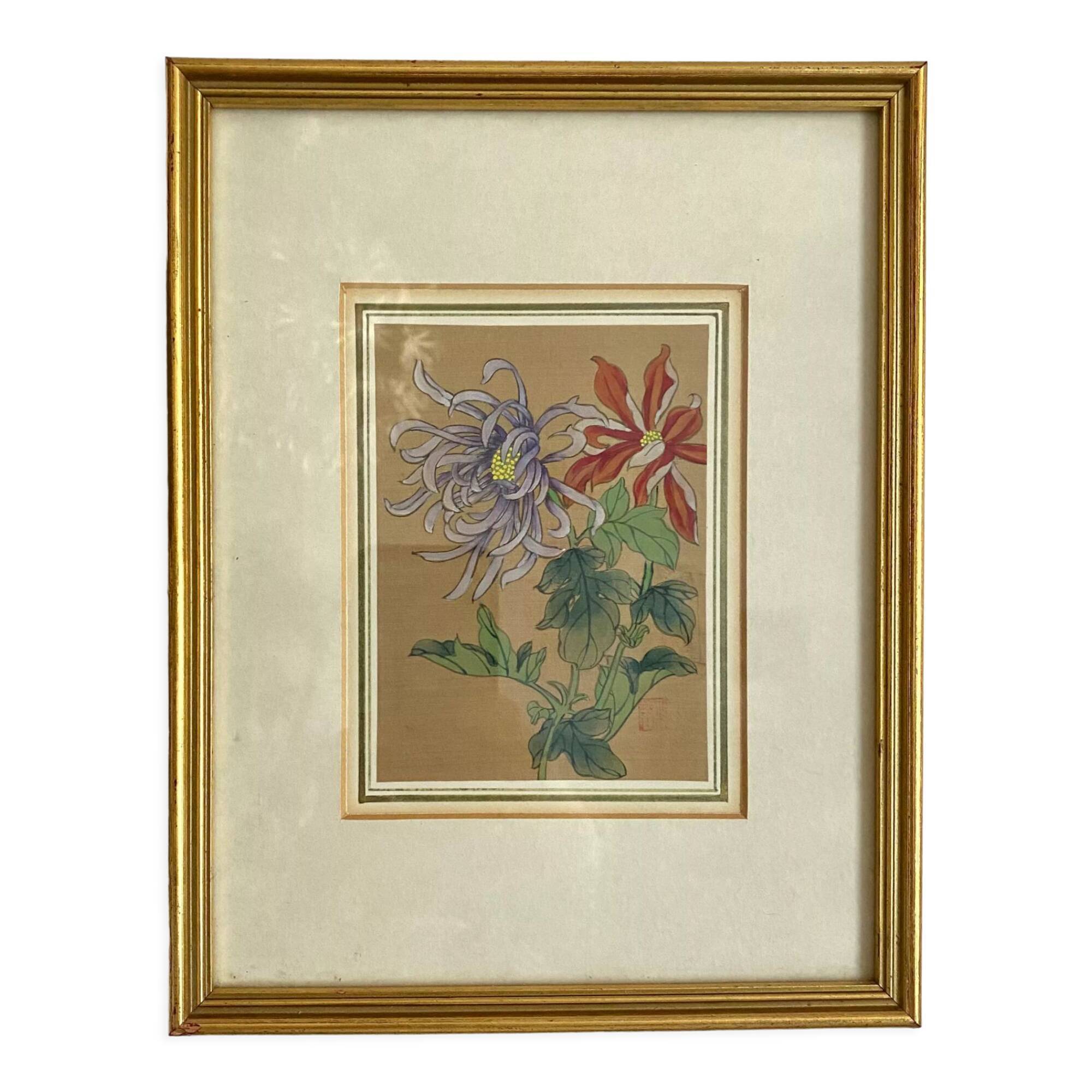 Painting on silk flowers gilded frame