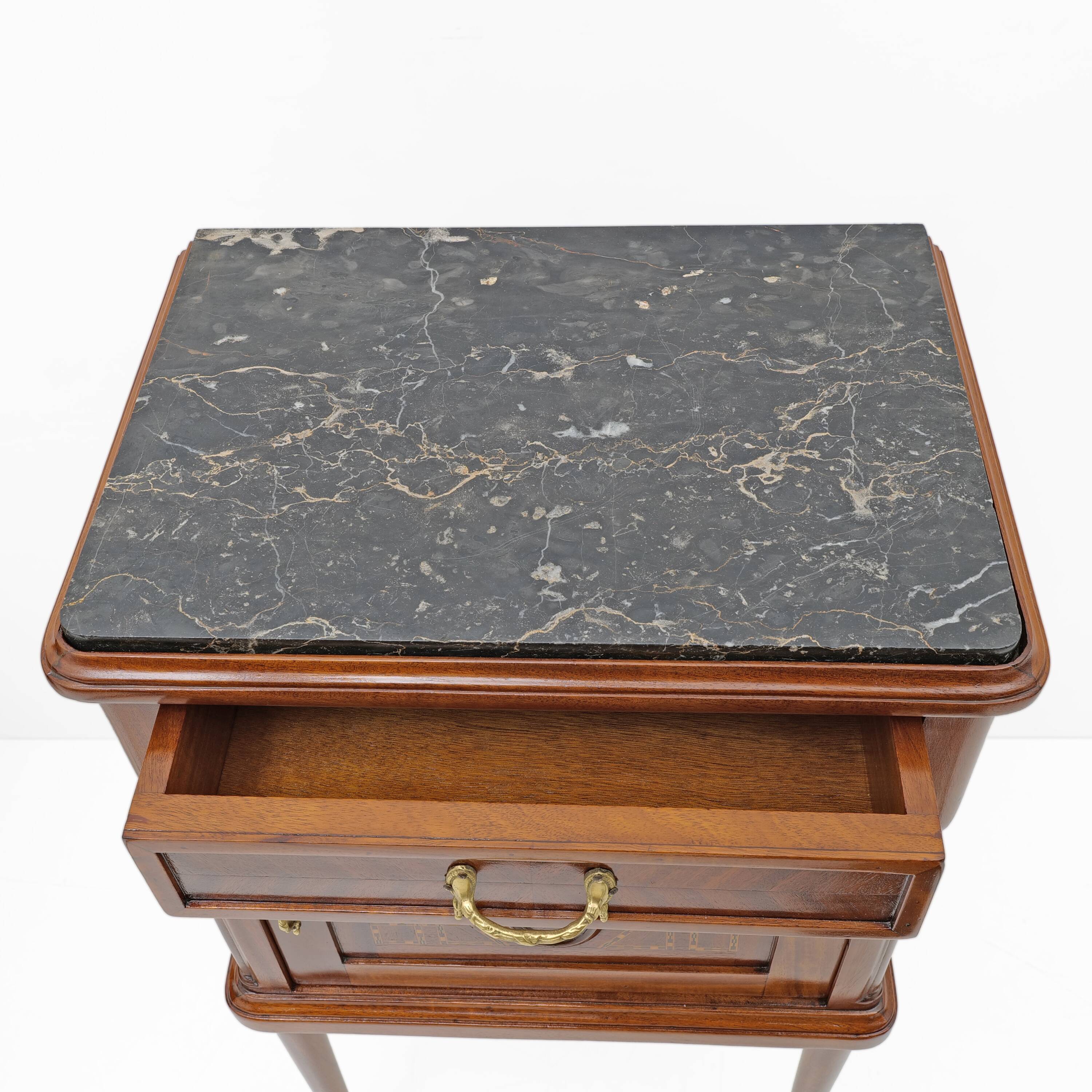 Pair of Louis XVI Style Bedside Tables with Inlays and Marble Top, Italy, 1