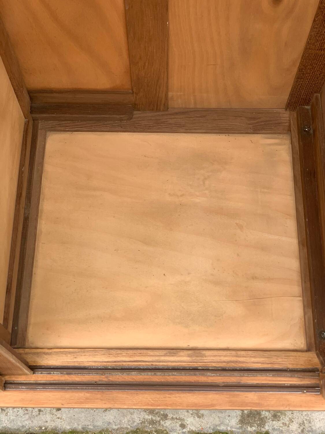 Vintage wardrobe with compass legs in raw wood, sliding doors, 1960s