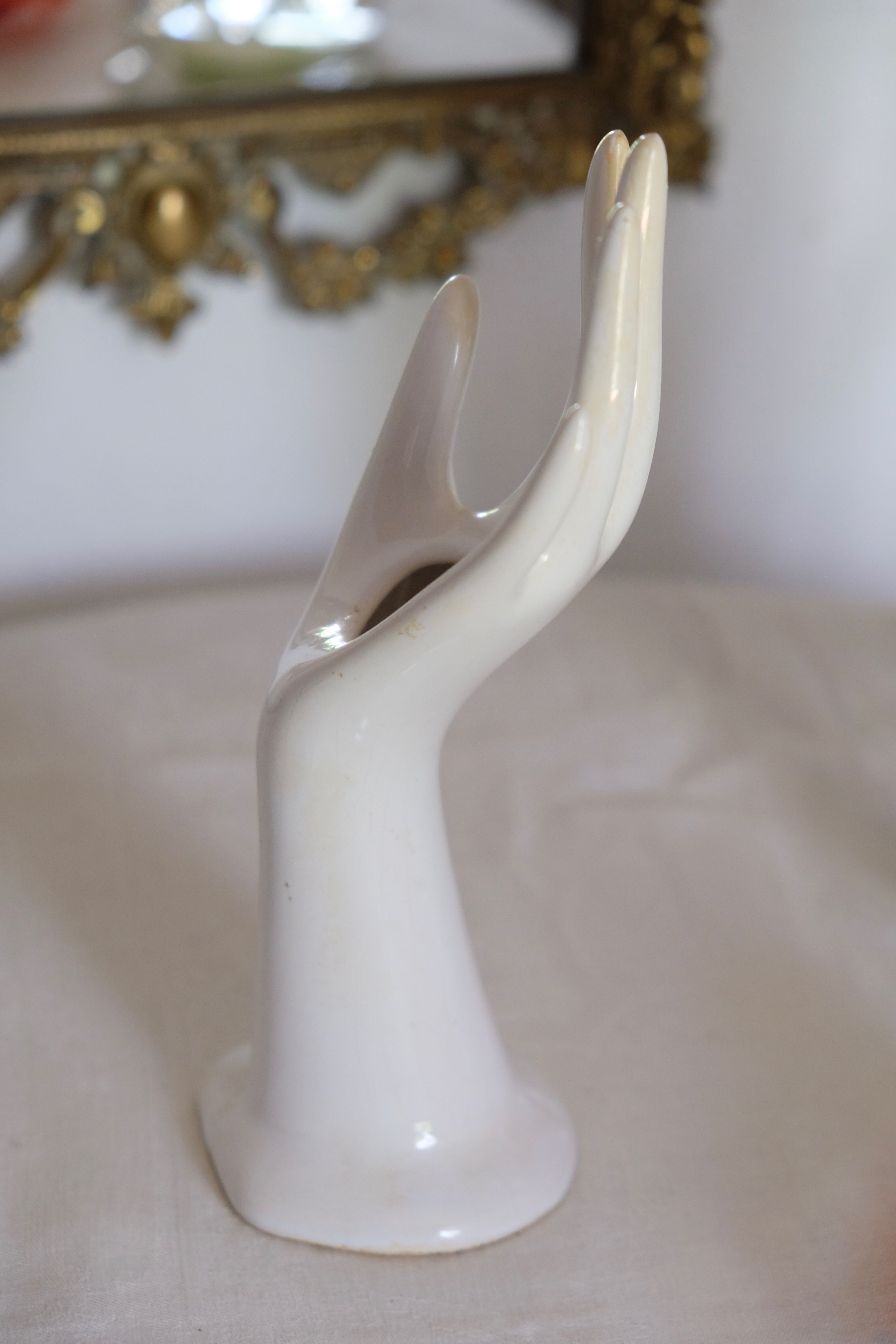 Hand baguier jewelry display or white porcelain vase 70s Vallauris