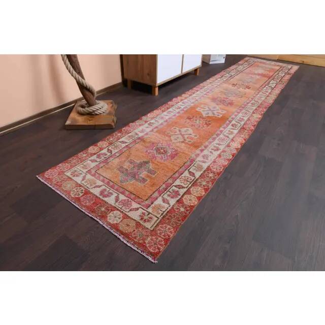 Vintage Turkish Oushak Handmade Wool Cotton Orange Runner Rug 80x372