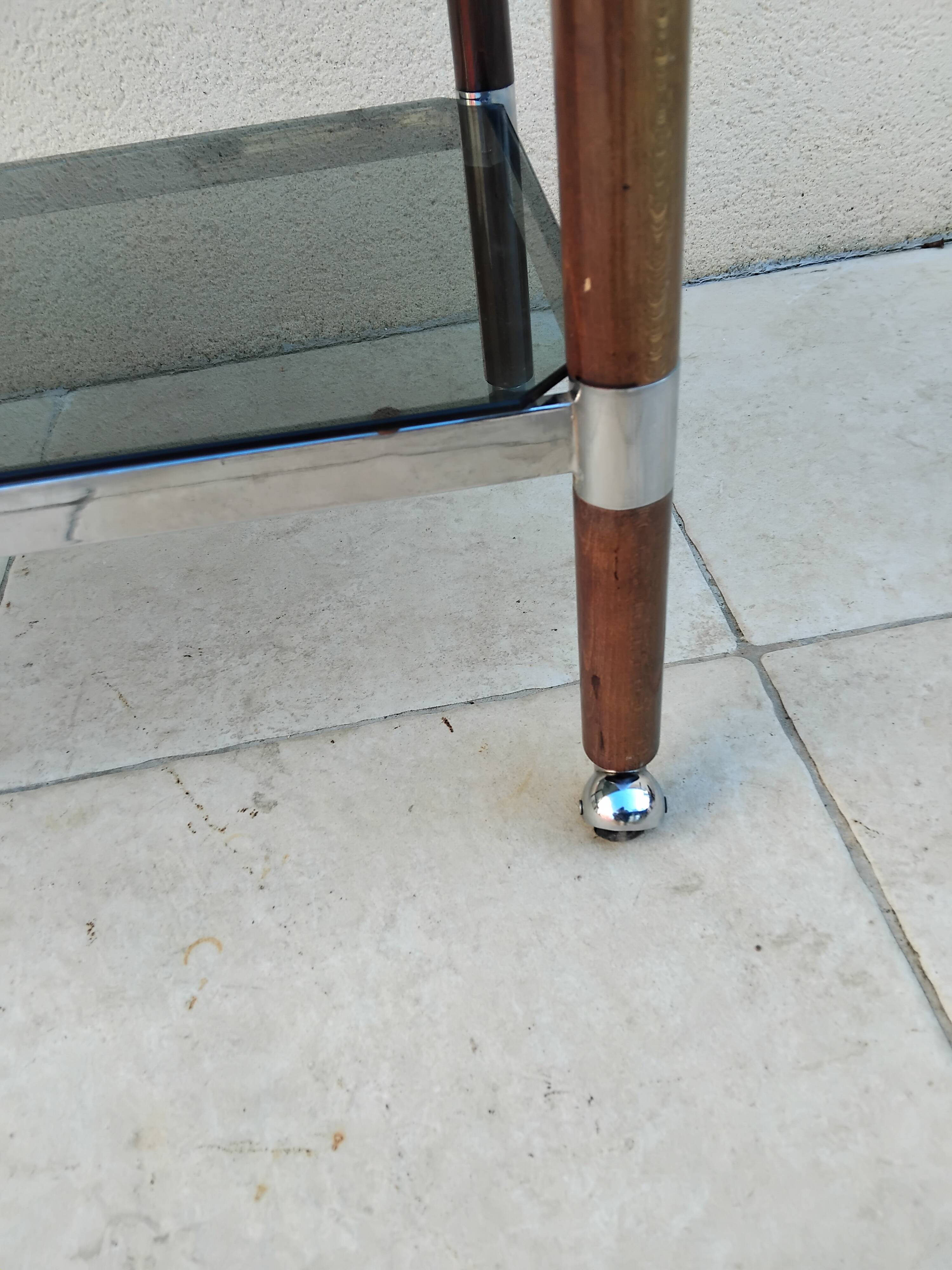 Vintage wooden serving trolley with smoked glass, chrome metal and wood