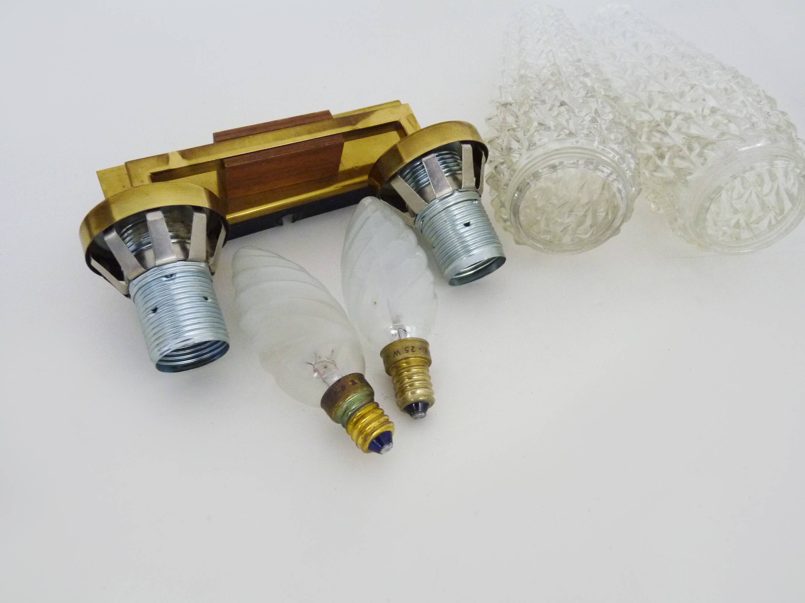Pair of double-light wall lights, brass, teak globe, glass tubes. 50s-60s