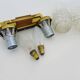 Pair of double-light wall lights, brass, teak globe, glass tubes. 50s-60s