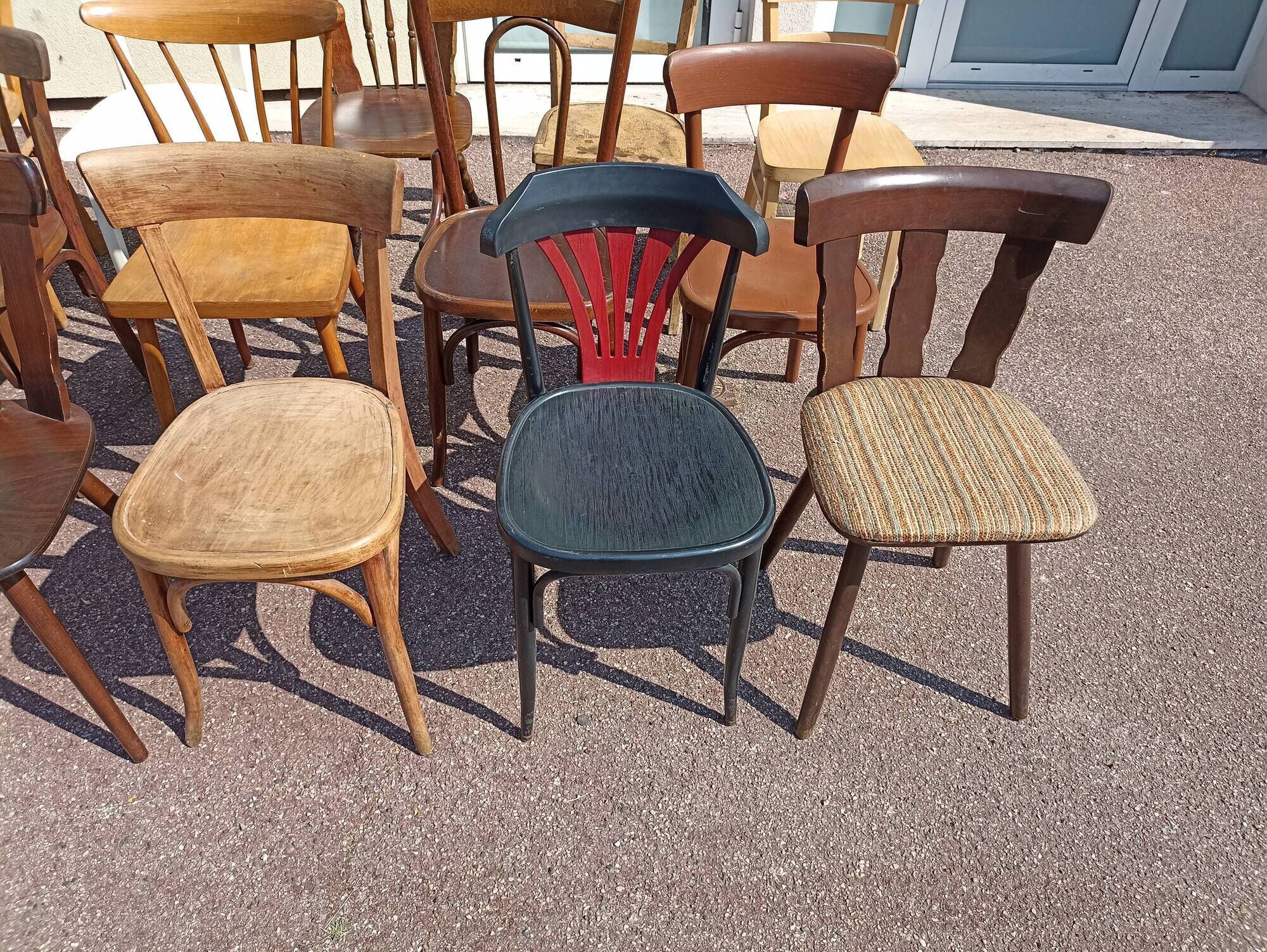 Set of 18 mismatched wooden bistro chairs - vintage