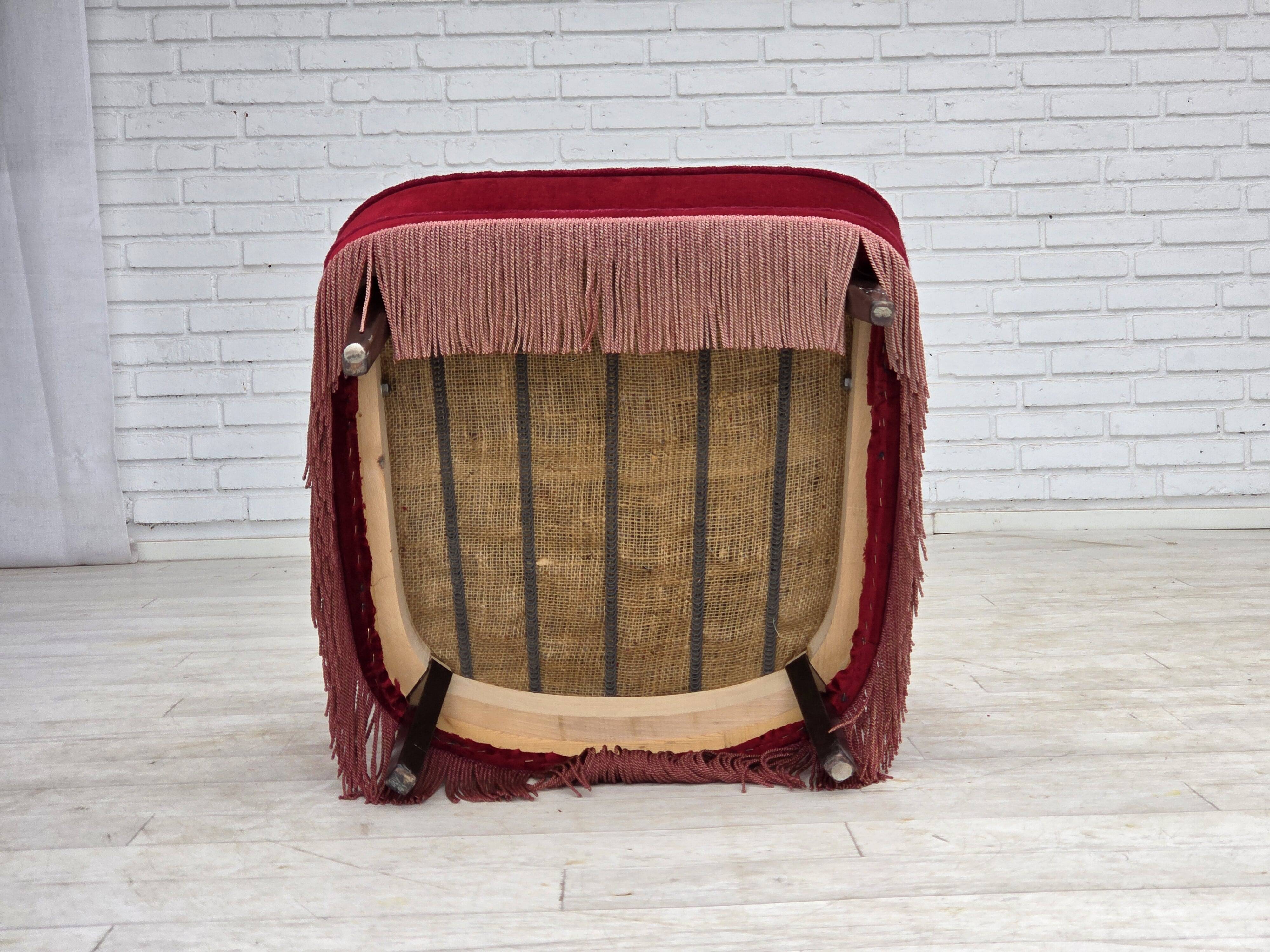 1960s, Danish armchair, original red furniture velour, beech wood legs.