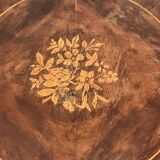 Baroque side table in brown walnut, round inlaid top, circa 1890.